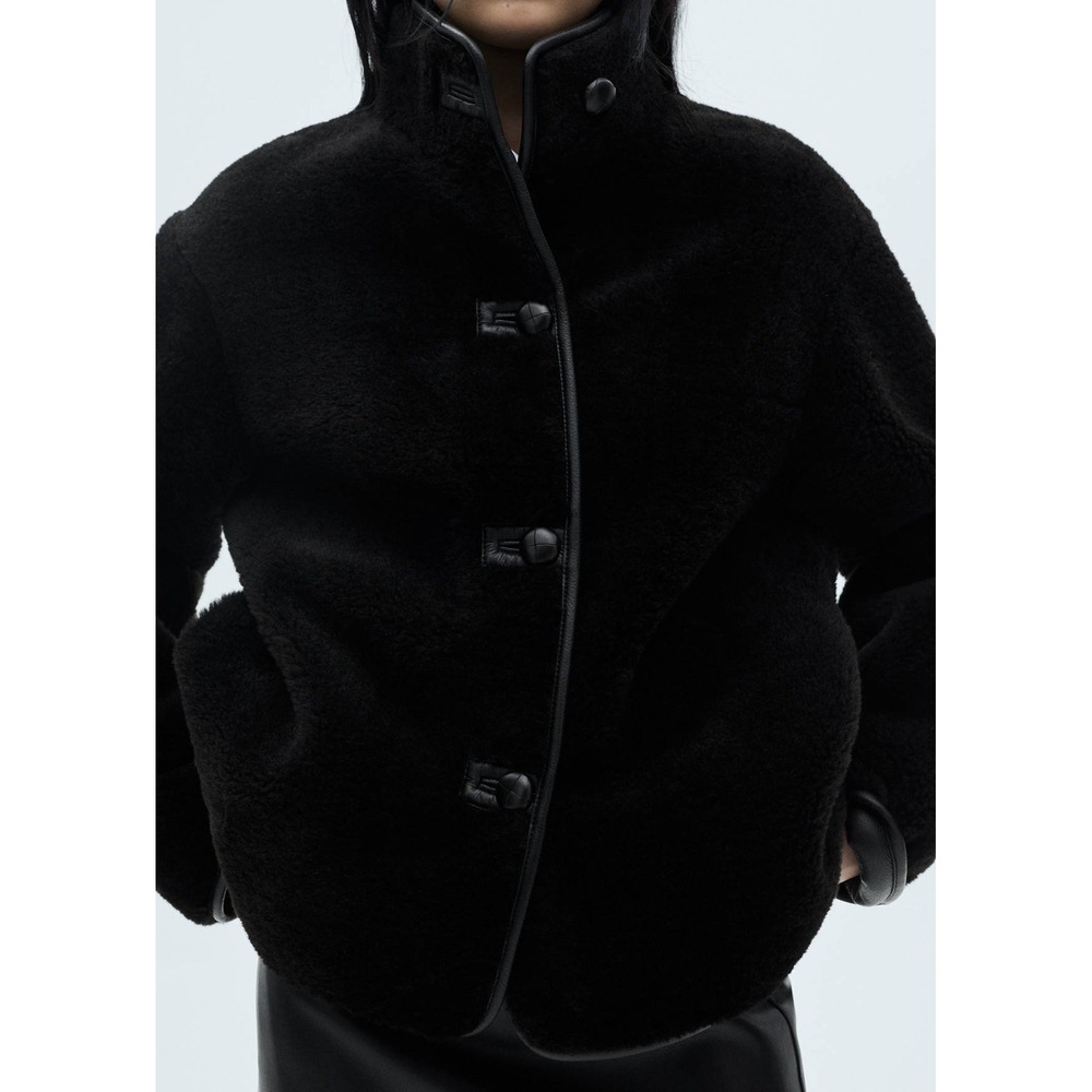 MANGO Short Faux Fur Coat Black Oversized High Neck Lined Button Front NWT Sz M